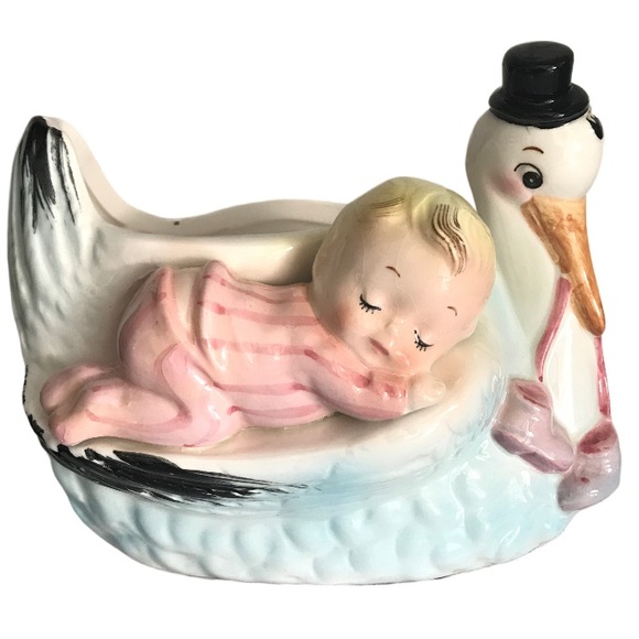 Vintage Other - Vintage 1961 Stork MCM Baby Girl Nursery Ceramic Planter Made In Japan